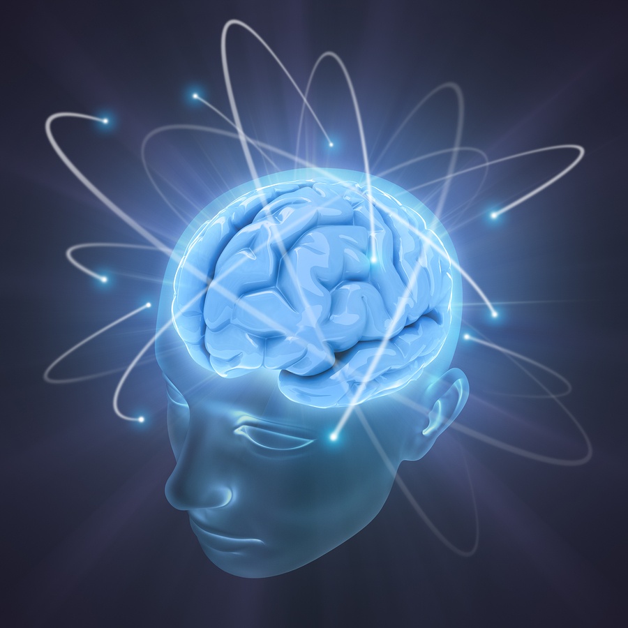 Electrons revolve around the brain. Concept of idea the power of mind.